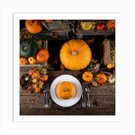 An Autumnal Photography Arrangement Depicting A Vibrant Orange Gourd Amidst A Thanksgiving Meal Sett Art Print