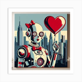 A Pop Art and Futuristic Painting of a Robot with Pearl Earrings and a Red Bow, with a Heart-Shaped Balloon and a Cityscape as Elements Art Print