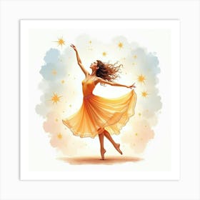 Graceful Dancer Surrounded By Watercolor Sparkling Stars 1 Art Print