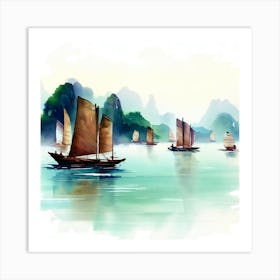 Watercolor Boats In The Water, Hạ Long Bay Art Print