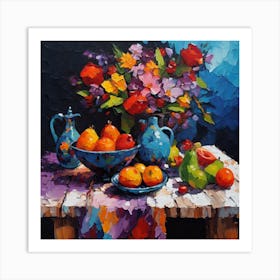 Garden Flowers, Fruit and Blue Pottery on Rustic Table Art Print