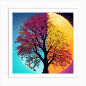 Colourful Moon Tree Art Print