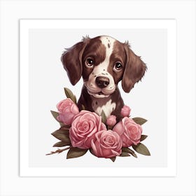 Puppy With Roses 1 Art Print