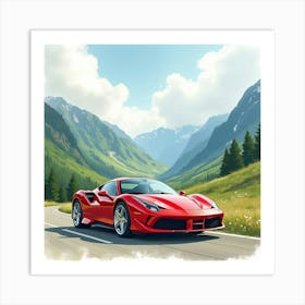 Ferrari In A Watercolor Scenic Mountain Valley With Gentle Clouds 1 Art Print