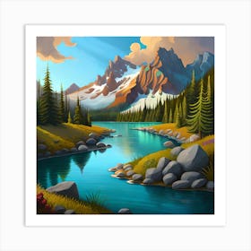 Landscape With Mountains And River Art Print