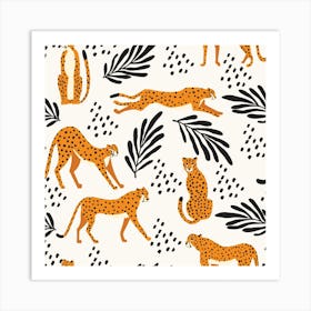 Tropical Cheetah Pattern On White With Black Florals And Decoration Square Art Print