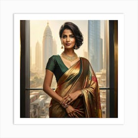 Indian Businesswoman Radiates Confidence Wearing Modern Saree Styled Short Hair Standing In Urban Art Print