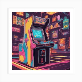 A Retro Style Arcade Cabinet With Pixelated Graphics And Classic Video Game Characters Art Print