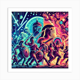 Neon Odyssey: A Digital Mosaic of the Epic Journey of Odysseus with Pixelated Characters and Objects Art Print