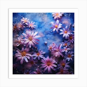 Purple Daisies On A Blue Background 1 Art Print