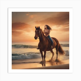 Girl Riding A Horse At Sunset Art Print