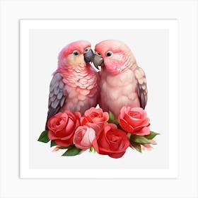 Parrots And Roses Art Print