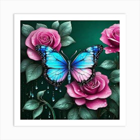 Butterfly On Roses Art Print