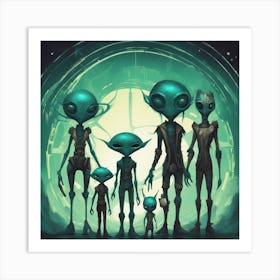 Alien Family Painted To Mimic Humans, In The Style Of Art Elements, Folk Art Inspired Illustrations Art Print