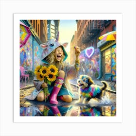 Girl And Her Dog, colorful happy girl with sunflowers Art Print