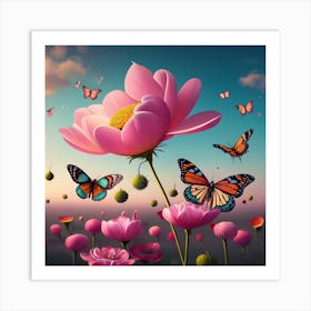 Lotus Flower With Butterflies Art Print