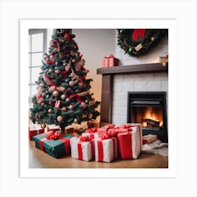 Christmas Presents Under Christmas Tree At Home Next To Fireplace (34) Art Print