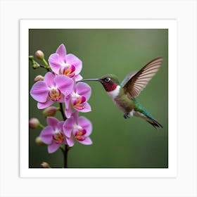 Hummingbird With Orchids 1 Art Print