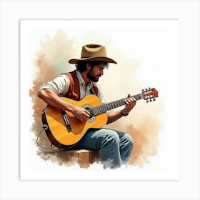 Spanish Musician Playing Guitar, Watercolor Strokes Capturing Music 1 Art Print