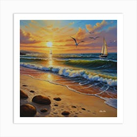 Oil painting design on canvas. Sandy beach rocks. Waves. Sailboat. Seagulls. The sun before sunset.5 Art Print