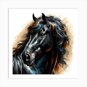 Black Mustang Horse Head Portrait Creative Color Drawing 1 Art Print