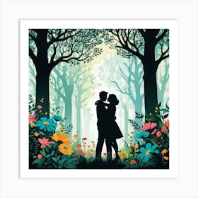 Couple Kissing In The Forest, Silhouettes Of Two People Hugging Surrounded By Elements Of Nature Flowers Trees Growing , Silhouette Of Couple In The Forest 1 Art Print