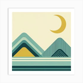 "Calm Crescendo: The Geometry of Dusk"  In this tranquil scene, a golden crescent moon serenely ascends above layered mountains, each adorned with its own pattern, telling a story in lines and shades. The cool tones of blue and green, accented with a hint of warm yellow, evoke a sense of calm as evening unfolds. Stripes and chevrons create a rhythmic tranquility, mirroring the quiet progression from daylight to twilight. This is a moment captured in soft hues and gentle geometry, a visual lullaby as the day makes its graceful exit. Art Print