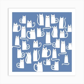 White Cats on Blue Art Print