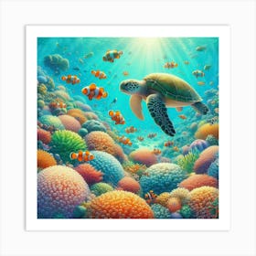 Underwater scene with sea turtle and clownfish Art Print