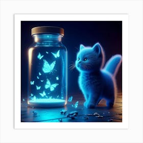 Blue Kitten In A Jar With Butterflies Art Print