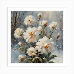 White Flowers In The Snow Art Print