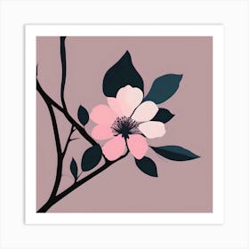 Unique Flower On A Branch With Leaves, Pink And Turquoise Art Print