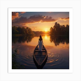 Woman In A Boat At Sunset Art Print