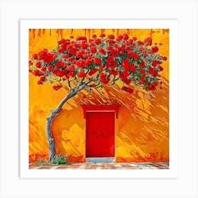 Red Tree In Front Of House Art Print