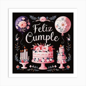 Feliz cumple and Feliz cumpleaños sign means Happy Birthday in Spanish language, Birthday party celebration gift with birthday cake candle colorful balloons best congratulation over light background wall artFeliz Cumple 25 Art Print