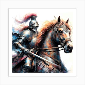 Knight On A Horse Playful Color Splash Drawing Art Print