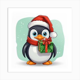 Cartoon Penguin With Gift Art Print