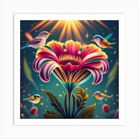 Colorful Flowers With Birds Art Print