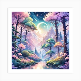 A Fantasy Forest With Twinkling Stars In Pastel Tone Square Composition 284 Art Print