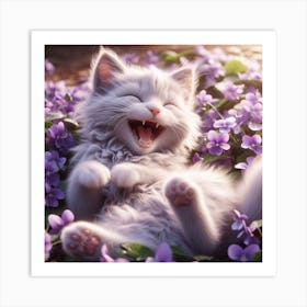 Cat Laughing In Purple Flowers Art Print