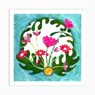 Happy Flower Circle Green Square Art Print