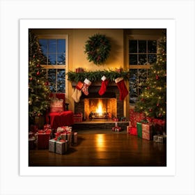 A Convivial Christmas Scene A Roaring Hearth Fireplace Illuminating The Room A Lush Evergreen Chri (4) Art Print