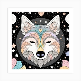 Wolf With Stars And Moon Art Print