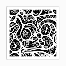 Retro Inspired Linocut Abstract Shapes Black And White 0 Art Print