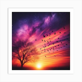 Sunset With Birds Art Print