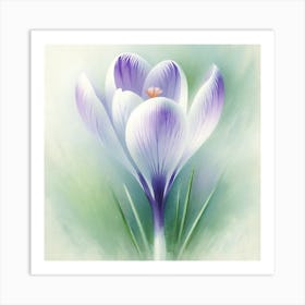 "Whispers of Spring"  A trio of crocuses emerges with grace, their violet and white hues a soft whisper against the gentle green canvas of new beginnings.  Step into the essence of spring with 'Whispers of Spring', a delicate portrayal of crocus flowers that symbolizes hope and joy. This artwork, with its soft brushstrokes and soothing colors, offers a serene retreat into nature's gentle embrace, ideal for creating a space of calm and reflection. Art Print