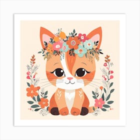 Floral Baby Cat Nursery Illustration (2) Art Print