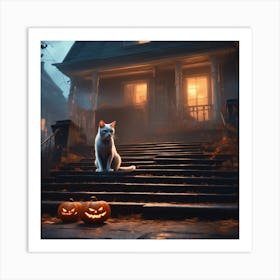 Halloween Cat On Steps 4 Art Print