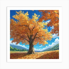 Majestic Autumn Maple Tree Bathed in Sunlight Amidst a Vibrant Fall Landscape Art Print