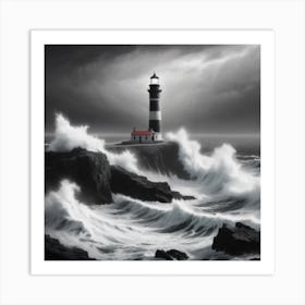 A Monochromatic Seascape Featuring A Rugged Coastline And A Solitary Lighthouse Standing Tall Against The Crashing Waves Art Print